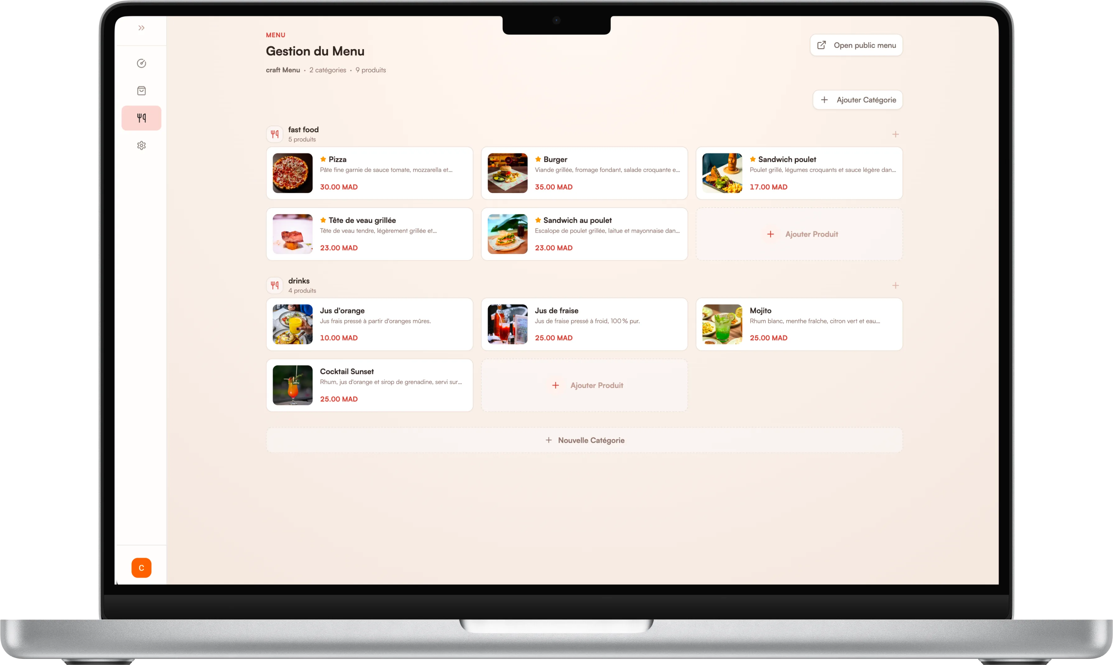 Soqi admin menu management dashboard preview