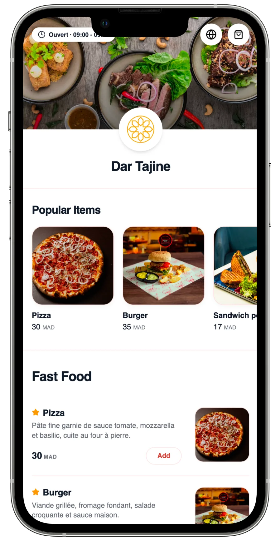 Menu restaurant mobile avec produits, catégories et bouton ajouter