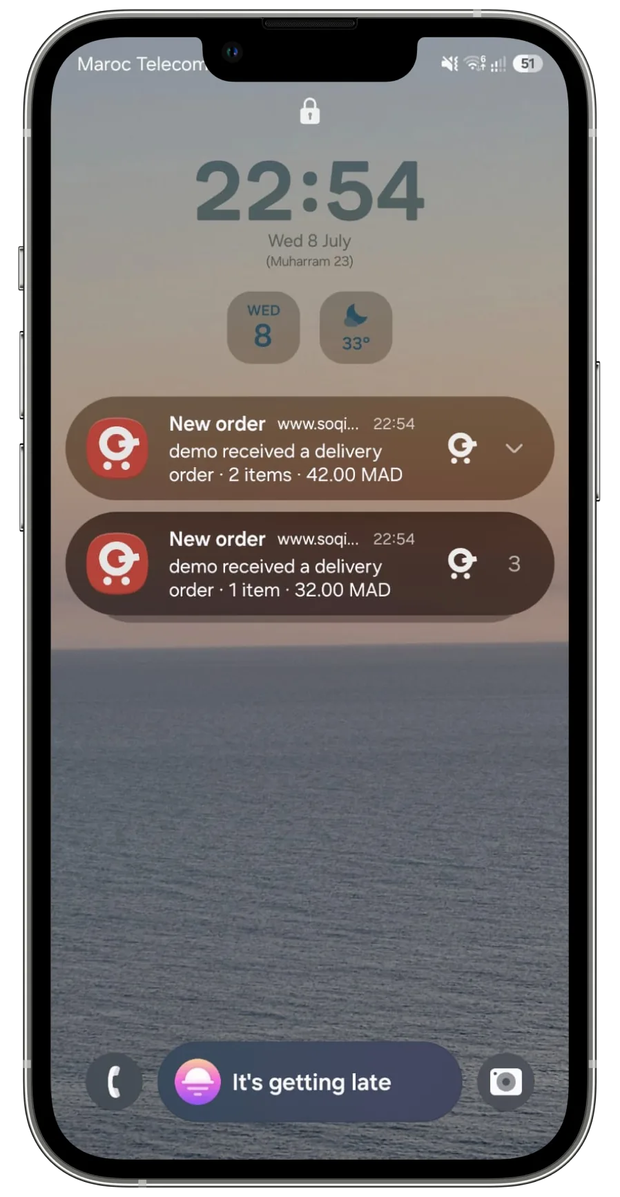 Notifications mobile indiquant deux nouvelles commandes restaurant