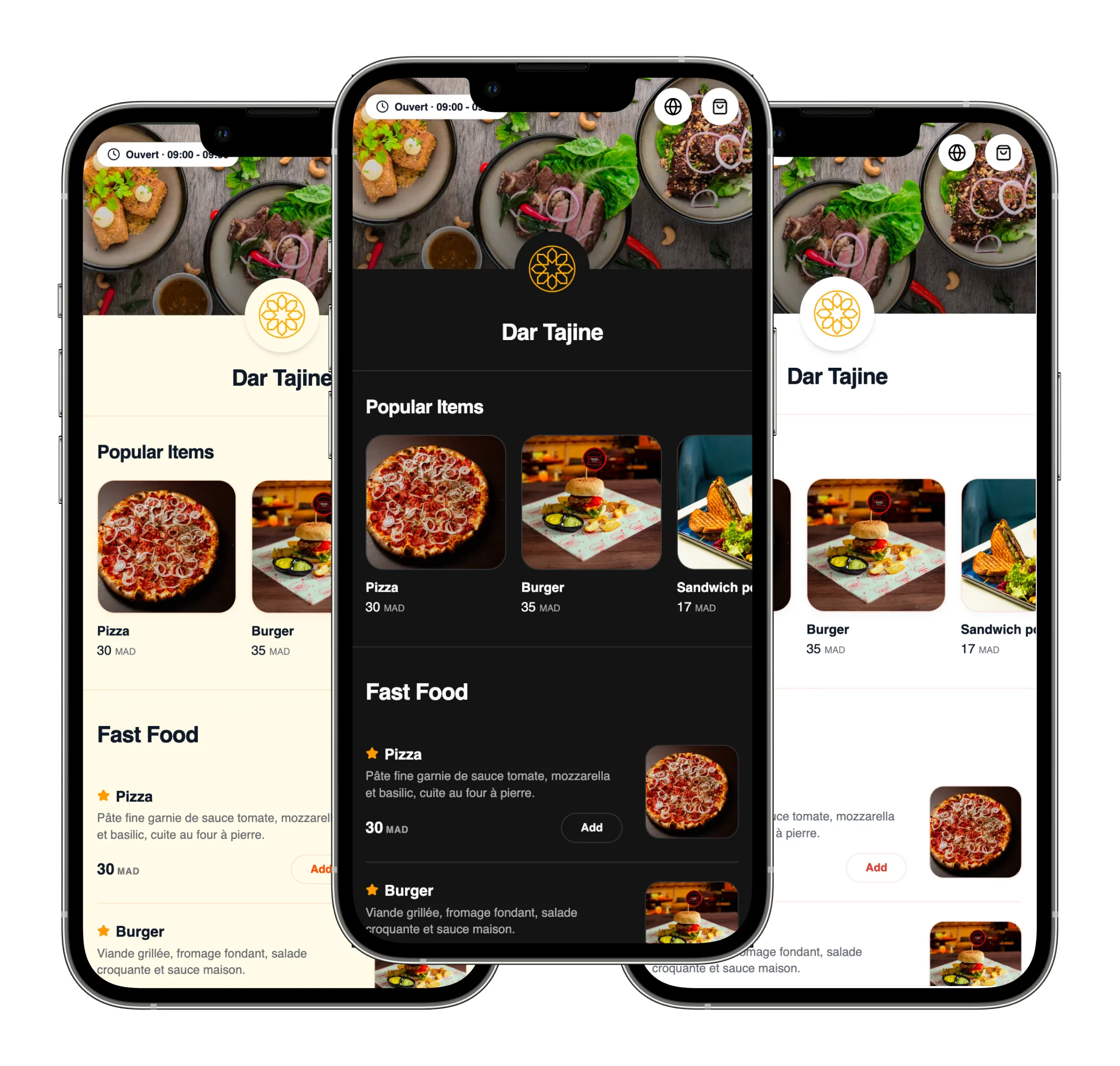 Three mobile menu previews showing Soqi restaurant branding themes